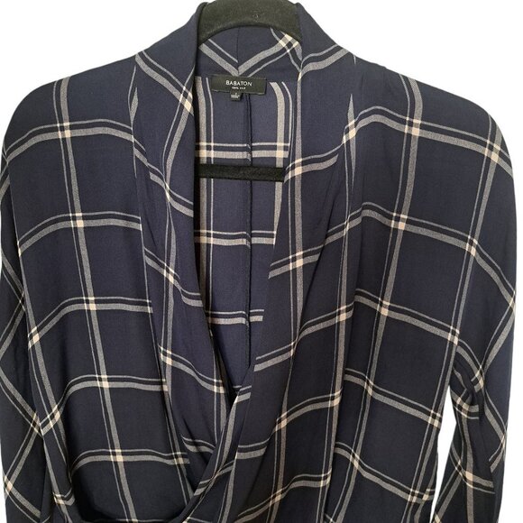 Aritzia Babaton Navy Blue Striped Plaid Crossover Silk Blouse Size Small - Picture 3 of 6